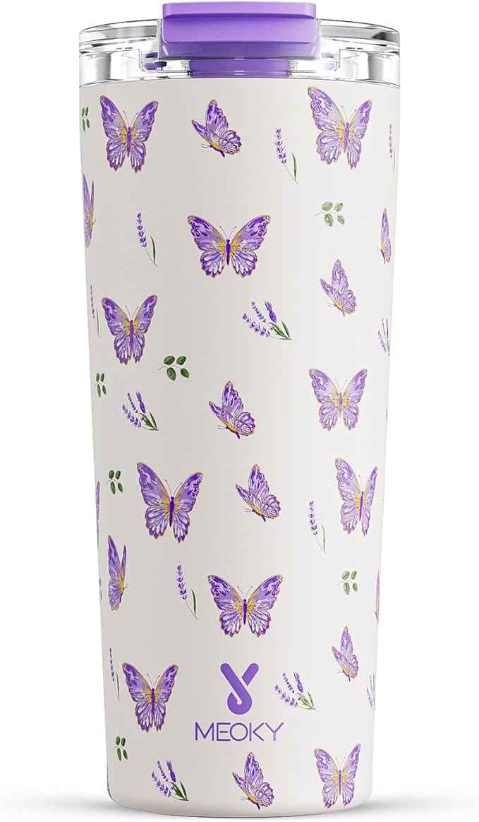 Meoky 24 oz Travel Coffee Mug with Leak-proof Lid, Stainless Steel Insulated Coffee Tumbler, Keeps Hot for 8 Hours or Cold for 24 Hours, Fits in Car Cup Holder (Butterfly)