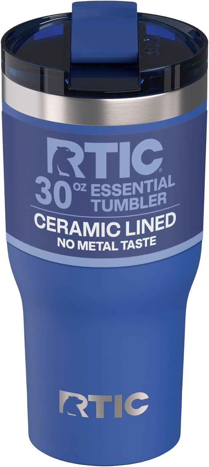 RTIC 30oz Essential Tumbler with Lid, Ceramic Lined, Insulated, Stainless Steel, Metal, Double Wall Vacuum-Insulation, Travel Cup for Iced Coffee, Tea, Hot and Cold Drink, Cobalt