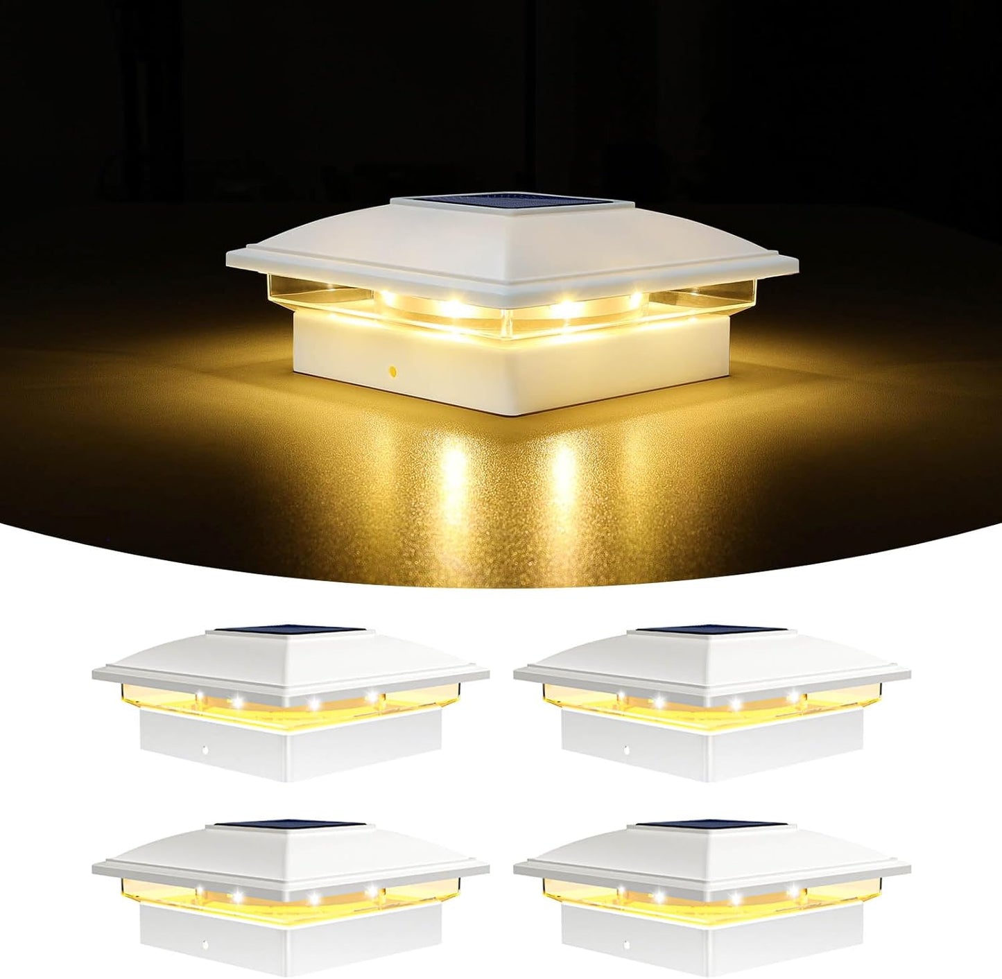 VOLISUN Solar Post Cap Light Outdoor Waterproof 4pack,Solar Fence - Post Lights for 4x4 5x5 6x6 Wooden/Vinyl Post,White Deck Cap Light Solar Powered with Warm White for Garden/Patio/Porch