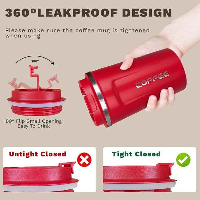 SPLMIFA Travel coffee mugs leak-proof, reusable coffee cup with lid, stainless steel vacuum insulated coffee tumblers, thermal insulation cups for men & women keep drinks hot & cold (2nd-Red, 17OZ)