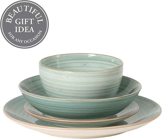 Gibson Home Stonebury 16 Piece Plates and Bowls Teal Dishes - Handpainted Stoneware Dinnerware Set - Service for 4