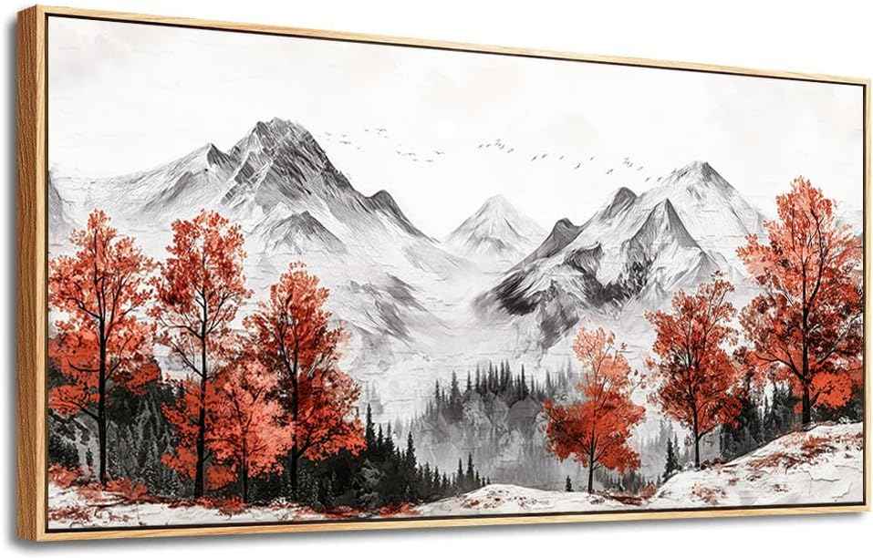 PHAOHUAXM Canvas Wall Art For Living Room Large Wall Decor For Bedroom Red Tree Ink-Wash Mountain Landscape Painting Wall Pictures Office Modern Restaurant Room Home Decoration Wood Framed 20"X40"