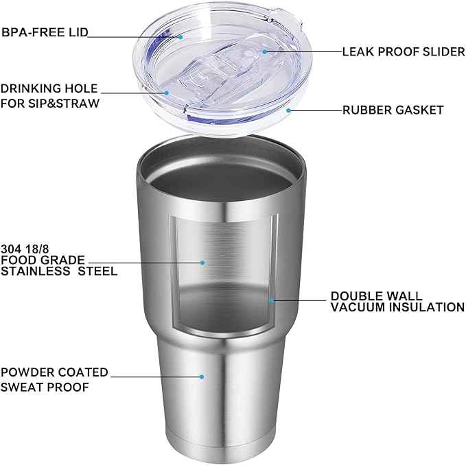 DOMICARE 30 oz Tumbler with Lid and Straw, Stainless Steel Tumblers Bulk, Insulated Vacuum Double Wall Travel Coffee Mug, Durable Powder Coated Tumbler Cups (Stainless Steel, 12)