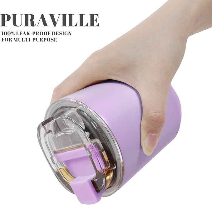 Puraville Insulated Tumblers with Lid, 10 oz Travel Coffee Mug Stainless Steel Vacuum Cup, Leak Proof Reusable Double Walled Coffee Tumbler for Iced and Hot Drinks, Lilac