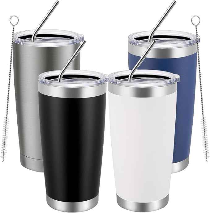 MEWAY 20oz Tumbler 4 Pack Double Wall Vacuum Insulated Travel Mug Bulk, Mix Color Stainless Steel Tumblers with Lid and Straw, Durable Powder Coated Coffee Cups for Cold & Hot Drinks（Mix Color, 4
