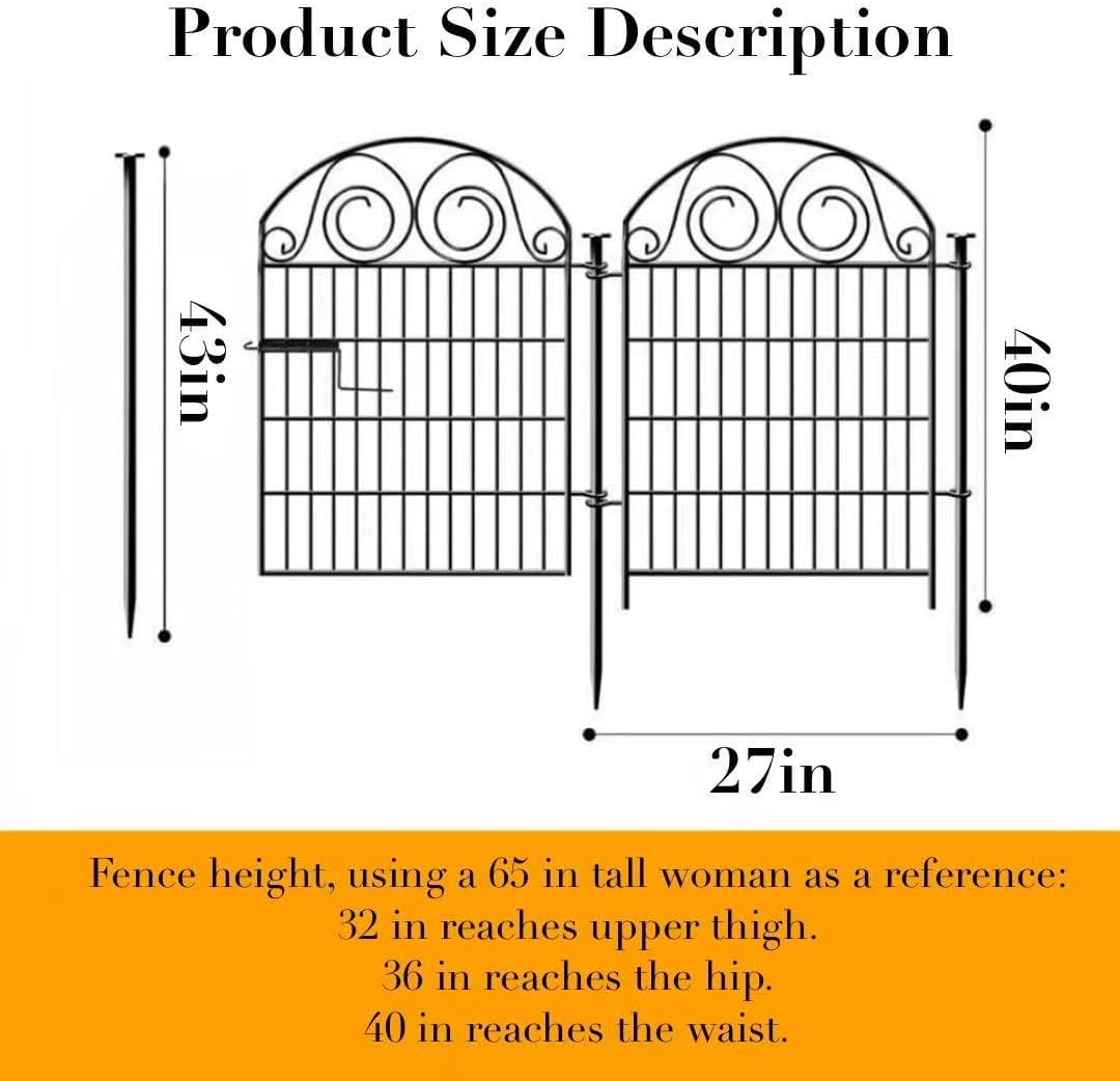 Tall Garden Fence with Gate, 40 Inch(H) 2 Panels Total Length 4.4 Ft Dog Fences Outdoor for Yard, Black Metal No Dig Fencing for Dogs│Patented