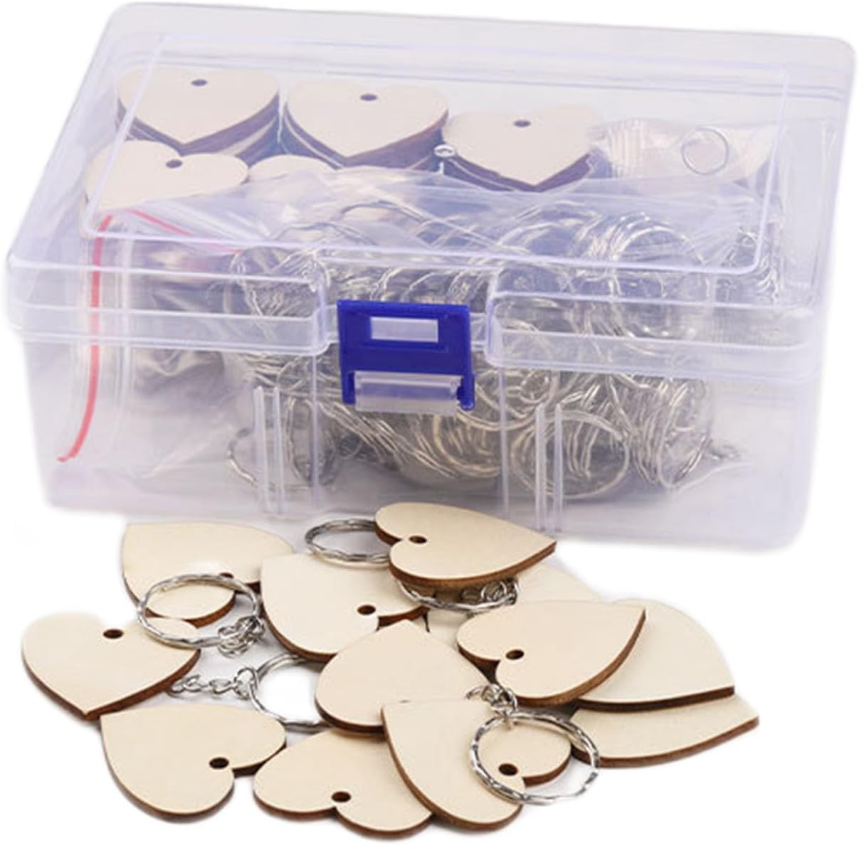 QMTSINEW 100 Pcs Blank Heart-Shaped Wooden Keychain Set,Unfinished Heart Wooden Circles with 100Pcs Key Rings Personalized Wood Keychain Key Ring Key Tags DIY Keychain Supplies for Craft