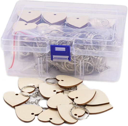 QMTSINEW 100 Pcs Blank Heart-Shaped Wooden Keychain Set,Unfinished Heart Wooden Circles with 100Pcs Key Rings Personalized Wood Keychain Key Ring Key Tags DIY Keychain Supplies for Craft
