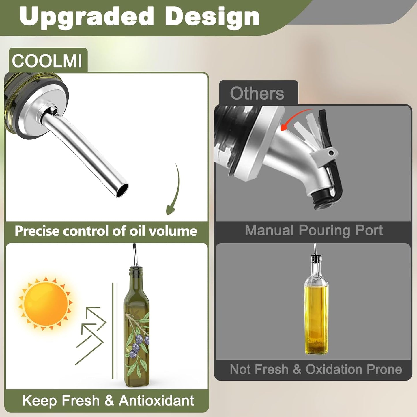 COOLMI Oil and Vinegar Dispenser Set - 17oz/500ML Premium Glass Olive Oil Dispenser Bottles for Kitchen, Oil Dispenser for Kitchen (Olive)