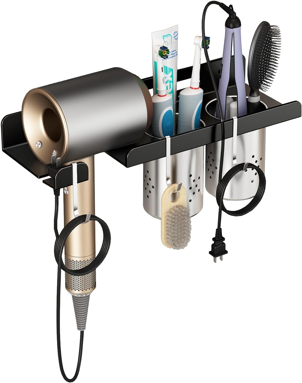 junyuan Hair Tool Organizer Wall Mount,Self Adhesive Hair Dryer Holder for Bedroom & Bathroom,Blow Dryer Holder for Dyson Hair Dryer,Stainless Steel Cups for Medium or Small Bathroom Storage 4" Width