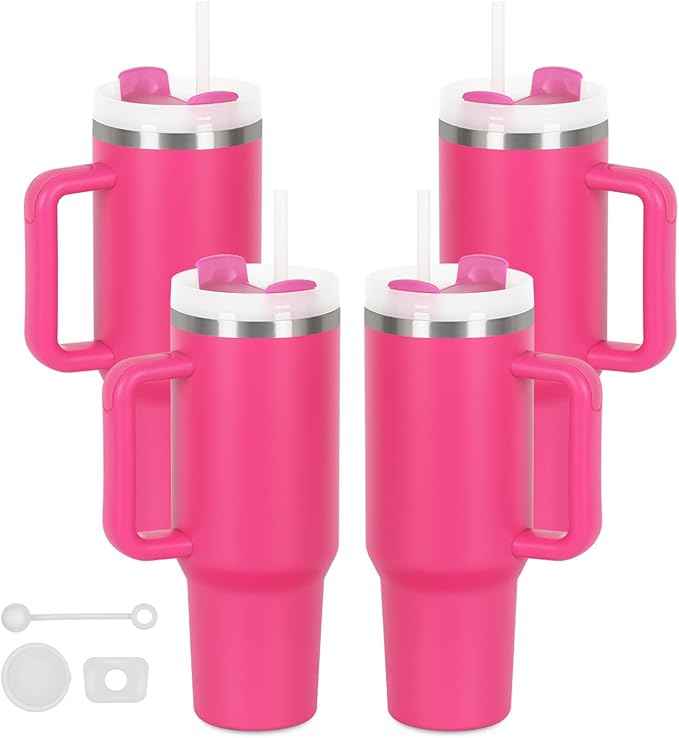 4 Pack 40 Oz Tumblers with Handle Bulk, Double Wall Vacuum Insulated Stainless Steel Tumblers with Lid and Straw, 40 oz Cups with Silicone Spill Proof Stopper Set (Hot Pink)