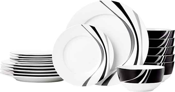 Amazon Basics 18-Piece Complete Kitchen Dinnerware Set, Microwave and Dishwasher Safe, Plates, Dishes, Bowls, Swirl, Heat Resistant, Service for 6, Everyday Use
