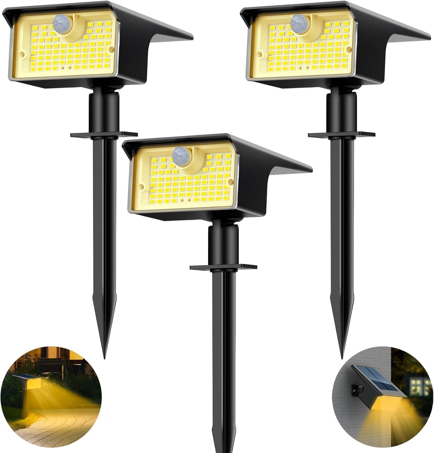 [3 Pack & 62LED]Solar Spot Lights Outdoor Motion Sensor, 3 Modes Motion Sensor Outdoor Lights 2-in-1 Solar Landscape Spotlights LED Solar lights for Outside Yard Garden Wall Pathway Walkway,Warm White