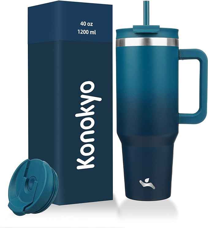 Konokyo 40 oz Tumbler with Handle and 2 Straws,2 in 1 Lid Insulated Water Bottle Stainless Steel Travel Coffee Mug,Indigo Black