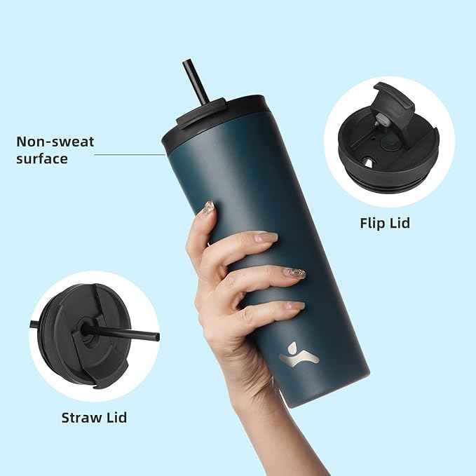 Konokyo 26 OZ Insulated Tumbler with Lid and 2 Straws Stainless Steel Water Bottle Vacuum Travel Mug Coffee Cup,Navy blue