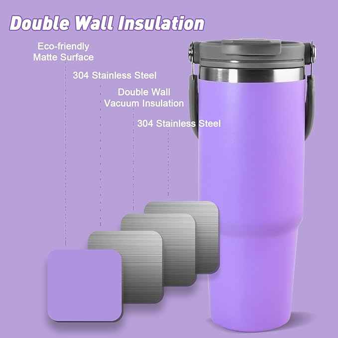 30 oz Tumbler with Handle and Straw Lid, Double Walled Vacuum Insulated Water Bottle Leakproof Tumbler Travel Coffee Mug Thermal Cup, Cupholder Friendly for Office, Home, Sport, Purple