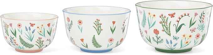 Oneida Serveware, First Blooms Nesting Bowls Set Of 3, Porcelain Material, Dishwasher & Microwave Safe, 19-oz, 30-oz, & 46-oz Serving Bowls, Pasta Bowl, Floral Design (Multi-Colored, 3 Pieces)