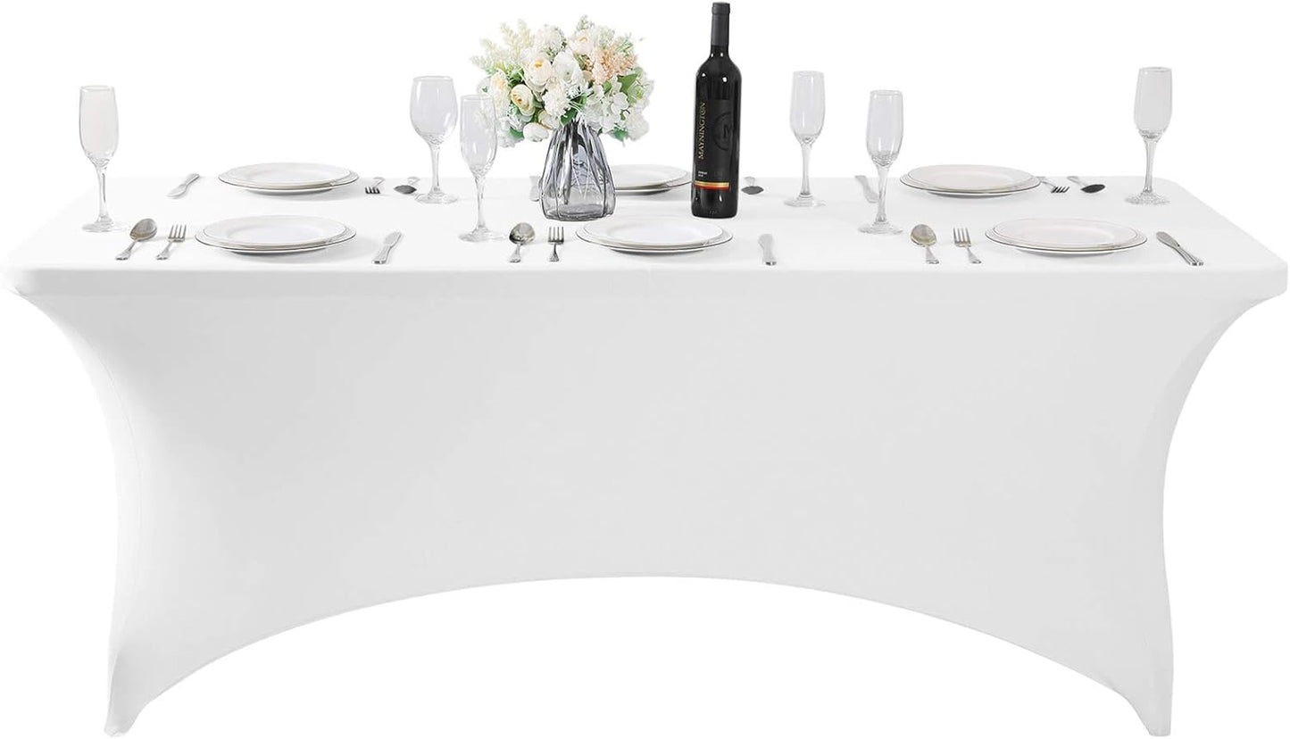 SuperO 2Pack Waterproof Spandex Table Cover for 6FT Table Universal Fitted Stretch Tablecloth for Party, Banquet, Wedding and Events-White