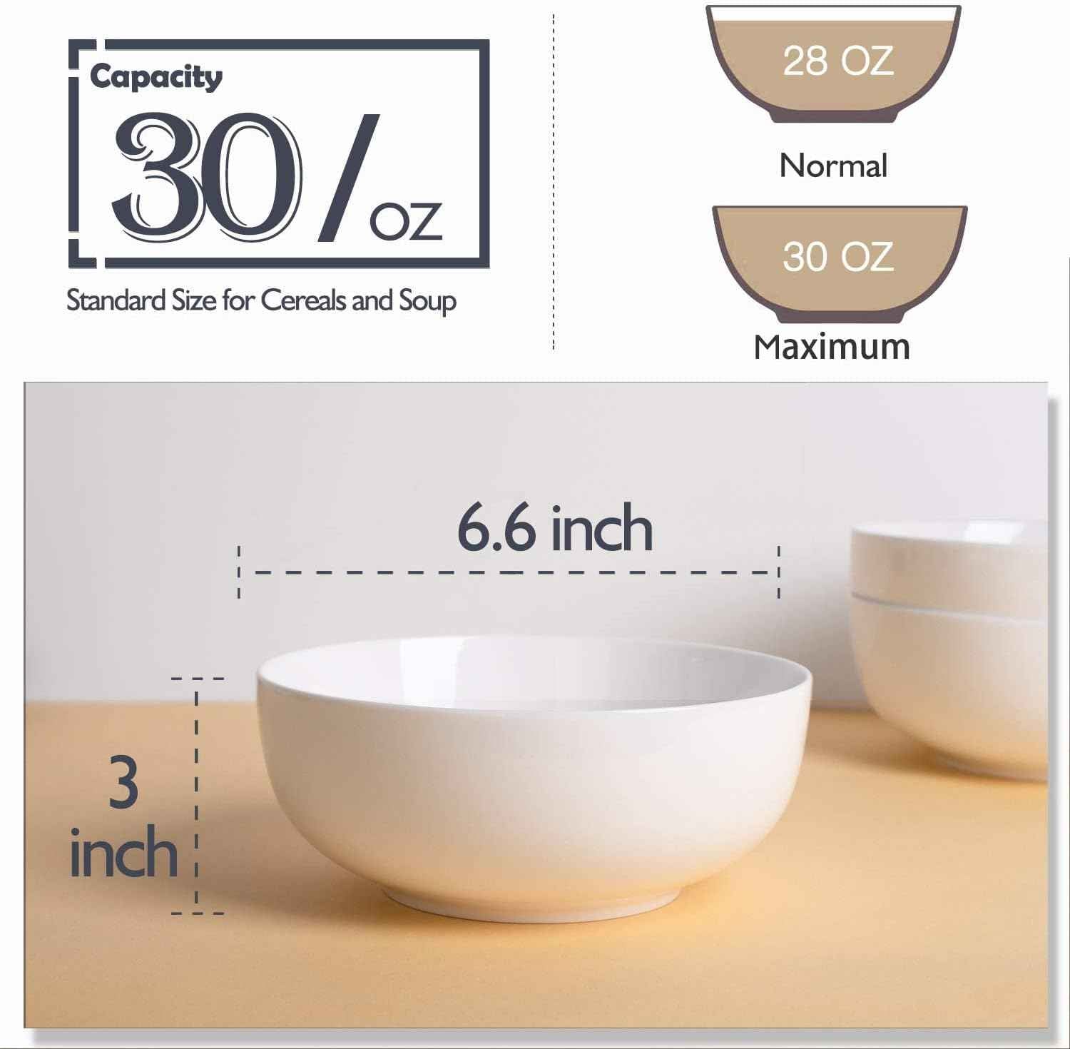 DELLING 30 Oz Porcelain Soup Bowls Set of 6 - Large White Ceramic Deep Serving Bowls for Kitchen, Pasta Salad Rice Oatmeal Cereal, Microwave Dishwasher Oven Safe, Stackable
