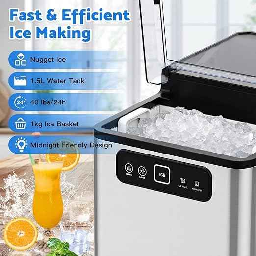 Nugget Ice Maker Countertop,Pellet Ice Machine Chewable Ice 40Lbs/Day,Ready in 5 Mins, Self-Cleaning,Compact Crushed Ice Maker with Scoop for Home/Kitchen/Office, Stainless Steel