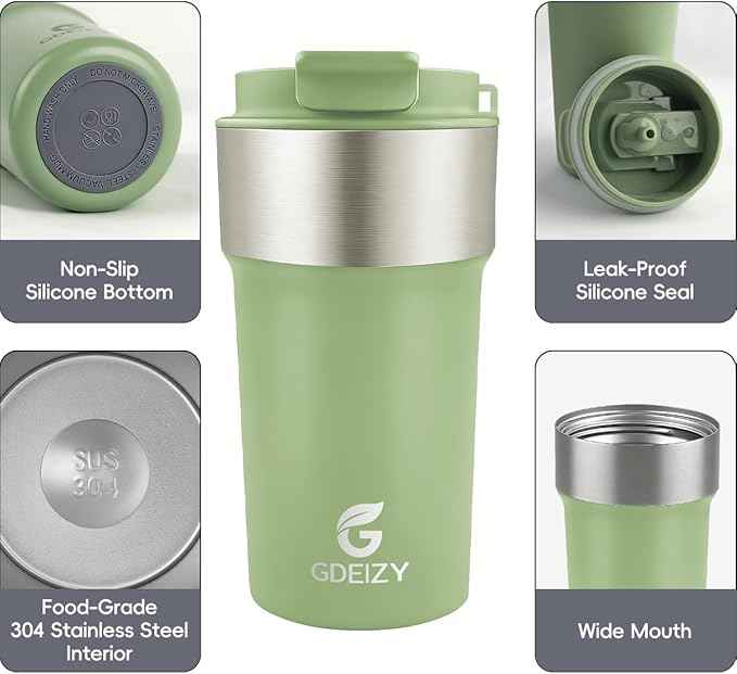 Insulated Coffee Mug, 17oz Stainless Steel Travel Mug with Flip-Top Straw Lid, Leak Proof Vacuum Insulated Tumbler, Reusable Coffee Cup for Hot & Cold Drinks, Avocado Green