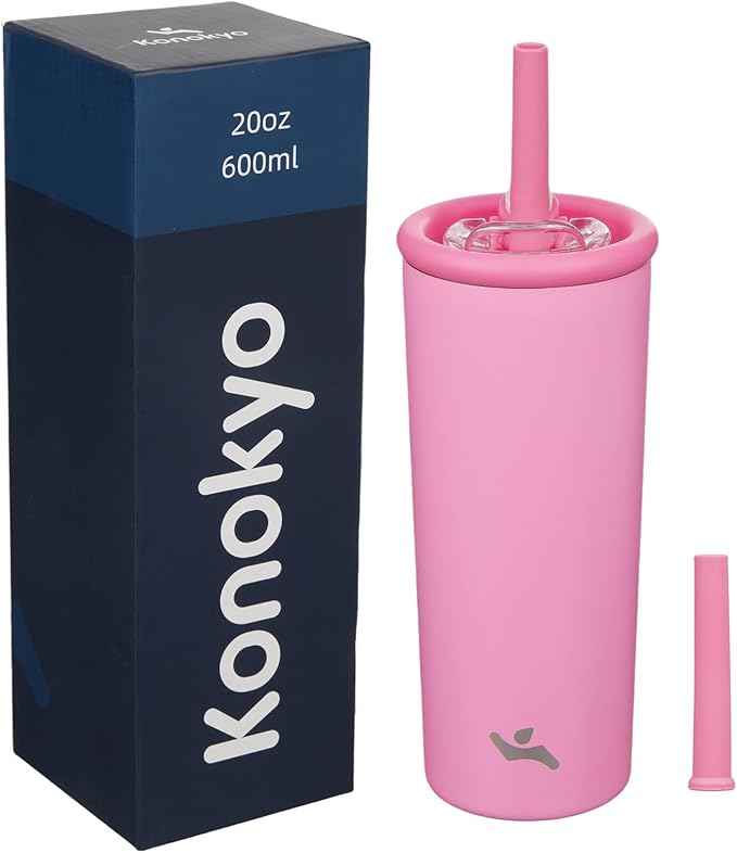 Konokyo 20oz Insulated Tumbler with Lid and Straw, Reusable Iced Coffee Cup with Lid, Travel Coffee Mug, BPA-Free, Leak-Proof and Durable, Rose Red