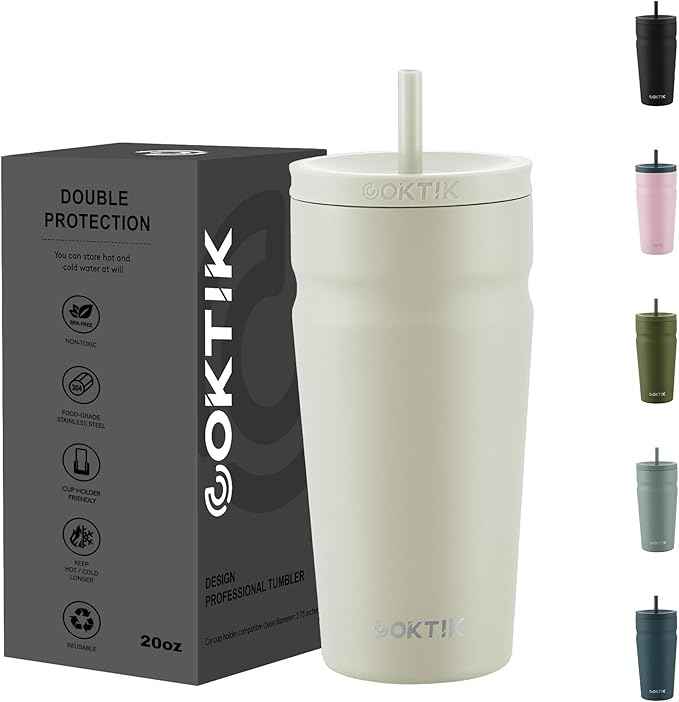 COKTIK 20oz Insulated Tumbler with Lid and Straw Iced Coffee Cup Reusable Stainless Steel Travel Mug Water Bottle Cupholder Friendly for Women Men Her Him (Almond Birch)
