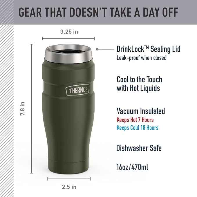 THERMOS Stainless King Vacuum-Insulated Stainless Steel Tumbler - 16oz, Army Green - Insulated Coffee Tumbler for Hot & Cold Drinks - Leak-Proof & Sweat-Proof for Commuting & Traveling