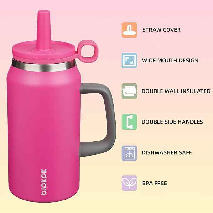BJPKPK 50oz Insulated Tumbler with Handle Stainless Steel Travel Coffee Mug with Lid Reusable Large Water Bottle with Straw,Barbie Pink