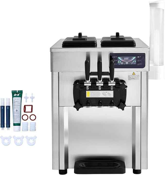 Happybuy Commercial Ice Cream Machine, 1850W, 18-28 L/H Yield, 3-Flavor Countertop Soft Serve Maker, 2 x 5.5L Stainless Steel Cylinder, LED Panel, Auto Clean & Pre-cooling, for Restaurant Bars