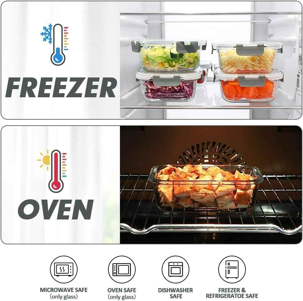 VERONES 12 Packs Glass Food Storage Containers Set, Airtight Glass Lunch Containers, Glass Meal Prep Containers with Lids,Exclusive of BPA, for Microwave, Oven, Freezer & Dishwasher Friendly,Grey