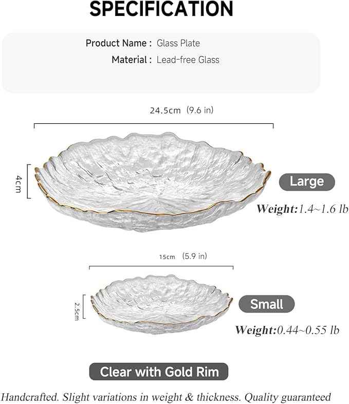 Glass Salad Bowl Irregular Lotus Flower Shape Serving Bowls, Mixing Nut Bowls for Kitchen Fruist, Snack, Dessert, and Ice Cream Candy Dishes (Plate with Gold Rim Crystal Clear, Small)