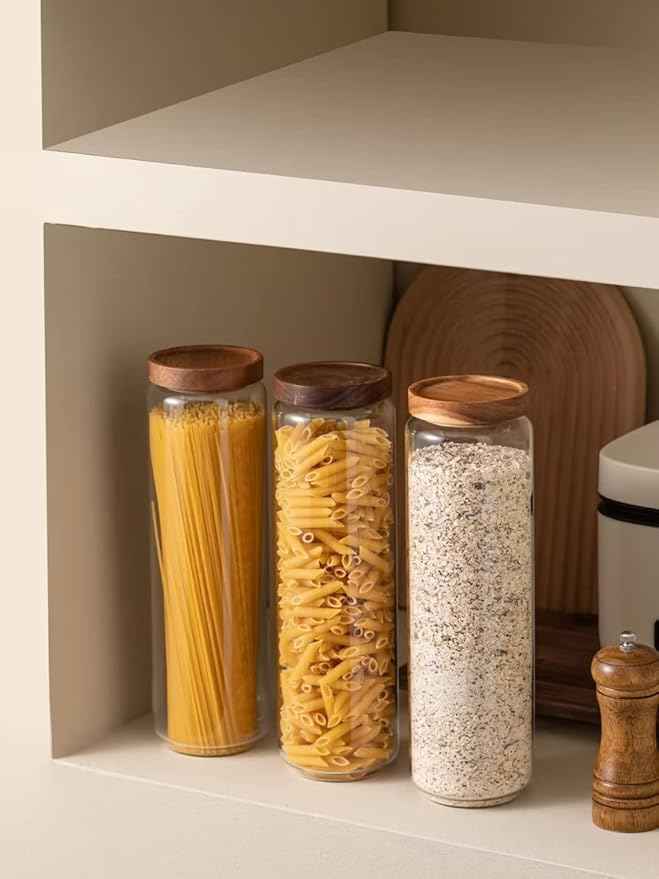 Kanwone Airtight Food Storage Containers Set of 3, 54 Ounce Glass Storage Containers with Bamboo lids, Clear Glass Canisters for Pantry, kitchen, Flour, Sugar, Tea, Coffee, Cookies, Spice and Herbs