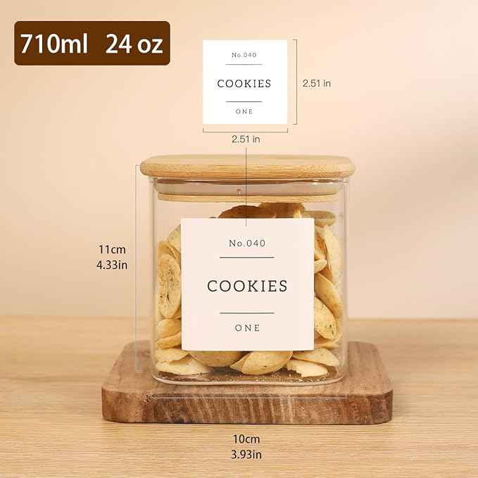 6 Pack Square Glass Pantry Storage Containers with 132 Kitchen Food Pantry Labels - 24 floz Clear Glass Pantry Jars with Airtight Wood Bamboo Lids - Glass Canisters for Sugar, Cereal, Coffee, Spice