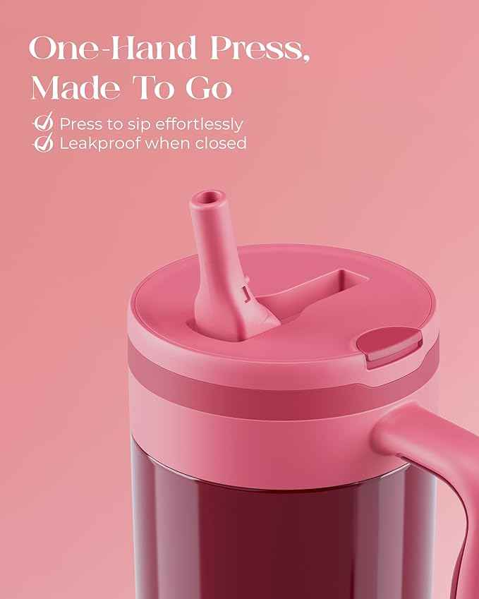 40 oz Insulated Tumbler with Handle and Push-Button Straw Lid, Stainless Steel Travel Cup for Gym Office, Leakproof, BPA-Free, Cup Holder Friendly, Bow Silicone Boot, Red (Wine Burgundy)