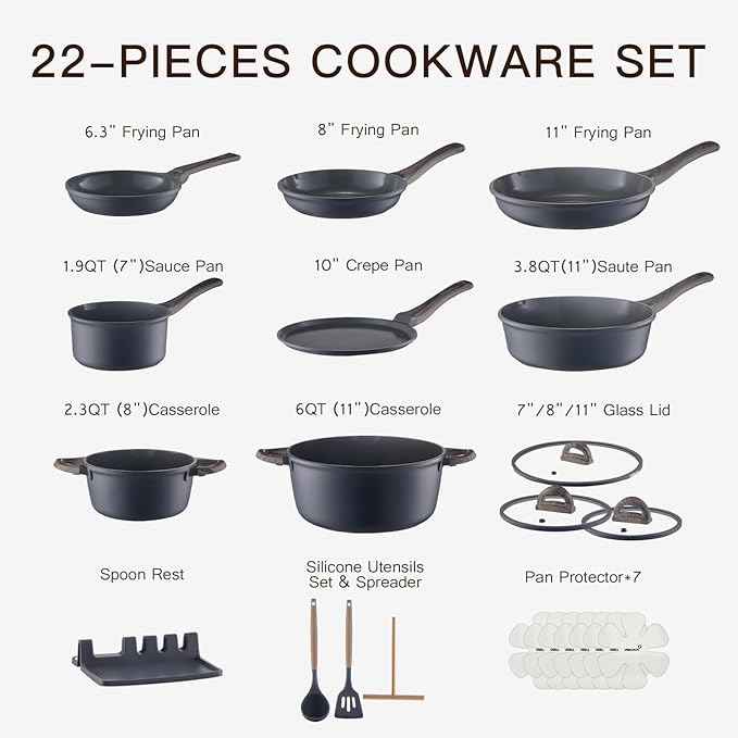 Pots and Pans Set Nonstick 22 Pcs, Ceramic cookware set Non-Toxic CoatingGray Granite Kitchen Cookware Set, Induction Kitchen Cooking Set w/Frying Pans, Saucepans & Glass Lids, PFOS & PFOA Free