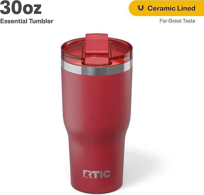 RTIC 30oz Essential Tumbler with Lid, Ceramic Lined, Insulated, Stainless Steel, Metal, Double Wall Vacuum-Insulation, Travel Cup for Iced Coffee, Tea, Hot and Cold Drink, Flag Red
