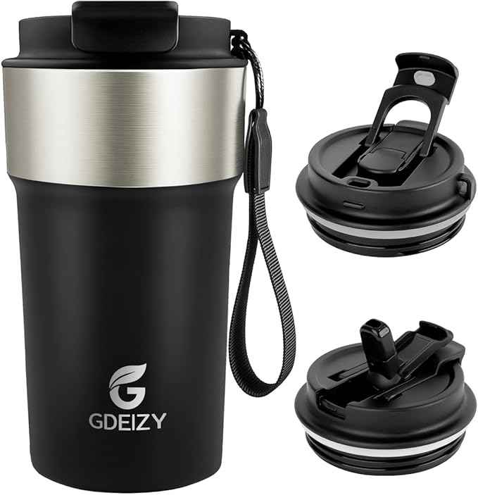 Insulated Coffee Mug, 17oz Stainless Steel Travel Mug with Flip-Top Straw Lid, Leak Proof Vacuum Insulated Tumbler, Reusable Coffee Cup for Hot & Cold Drinks, Black