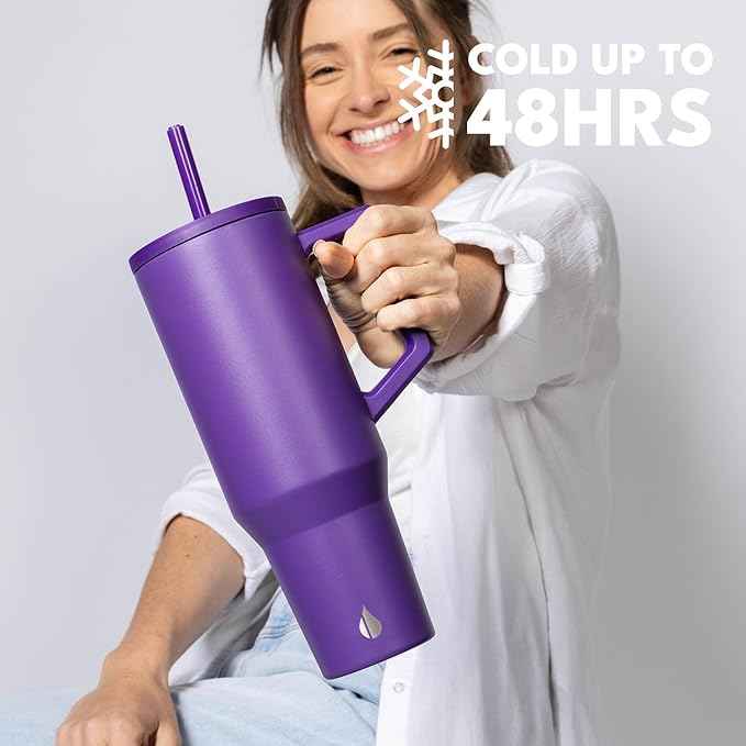 Elemental 40 oz Tumbler with Handle and Straw - Spill Proof Insulated Stainless Steel Commuter for Cold Beverages - Travel Coffee Mug with 2 Straws & Spill Proof Lid - 40oz - Purple