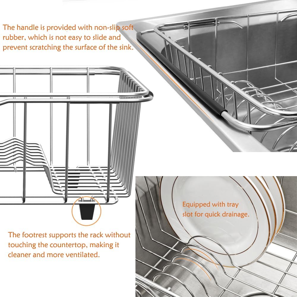 NiuYichee Stainless Steel Dish Drying Rack(15.2"L X 11"W X 5.3"H), Expandable Fruit & Vegetable Drain Rack over Sink, Dish Drainer Rack in Sink, with Stainless Steel Utensil Holder & Silicone Mat(16")