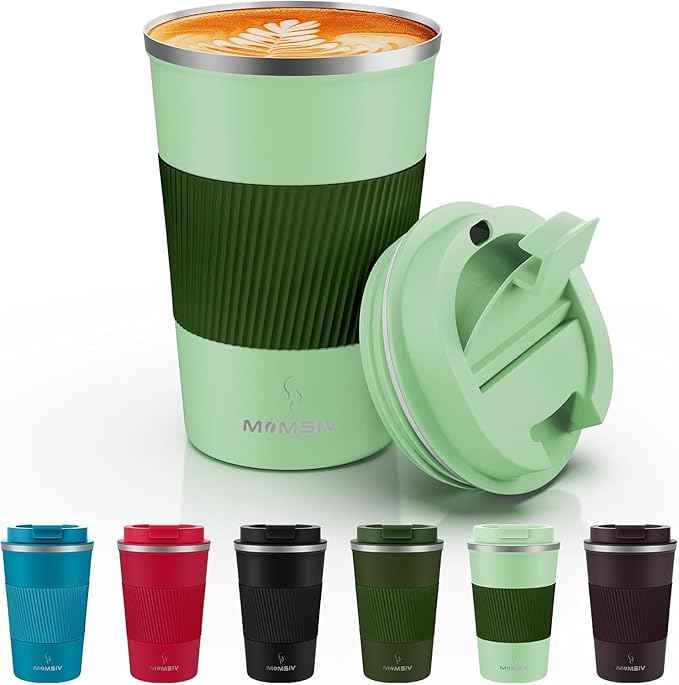 MOMSIV 12oz Travel Mug, Insulated Coffee Cup with Leakproof Lid, Vacuum Stainless Steel Double Walled Reusable Tumbler for Hot and Cold Water Coffee and Tea In Travel and Car (Green-380ml)