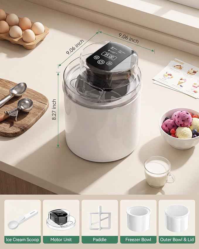 Ice Cream Maker Machine – 2.1 Quart Ice Cream Machine for Gelato, Sorbet & Frozen Yogurt, Ready in 20 Minutes, LCD Screen and Timer, Perfect for 10-16 Servings, Easy to Use & Clean