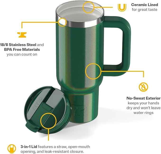 RTIC 30 oz Road Trip Tumbler Double-Walled Ceramic Lined InsulatedStainless Steel Portable Travel Coffee Mug Cup with Lid, Handle and Straw, Pine Tree Glitter
