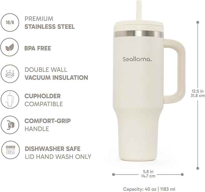 Seallama. Tumbler with Handle and Straw 40 oz | Cup Holder Compatible for Travel | Insulated Stainless Steel Cup | BPA-Free | (Oat Latte)