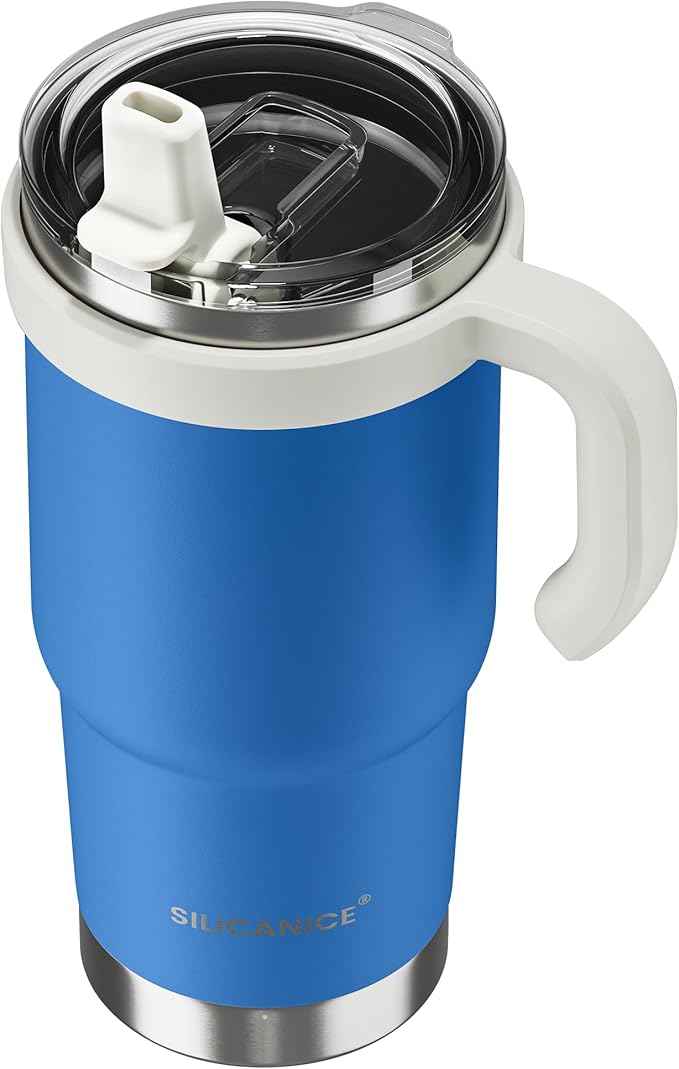 24oz Hygienic Insulated Tumbler with Handle —100% Leakproof Lid with Removable Spout & Straw, Reinforced Vacuum-Protection Base, Cup Holder Friendly, for Travel,Office & School-Blue