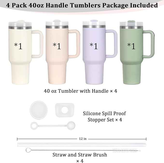 4 Pack 40 Oz Tumbler with Handle Bulk, Double Wall Vacuum Insulated Stainless Steel Tumbler with Lid and Straw, 40 oz cup with Silicone Spill Proof Stopper Set (Cream,Purple,Dark Green,Rose Quartz)