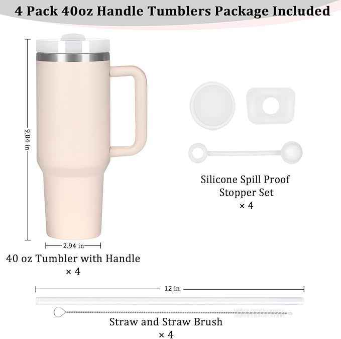 4 Pack 40 Oz Tumbler with Handle Bulk, Double Wall Vacuum Insulated Stainless Steel Tumbler with Lid and Straw, 40 oz cup with Silicone Spill Proof Stopper Set (Rose Quartz)