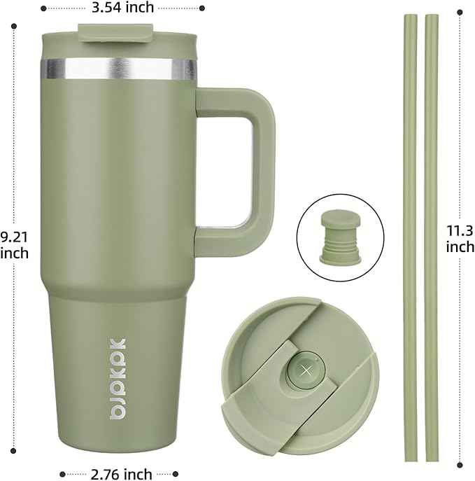 BJPKPK 30 oz Stainless Steel Tumbler With Handle Insulated Tumblers With 2 Straw Travel Coffee Mug With Lid,Sage