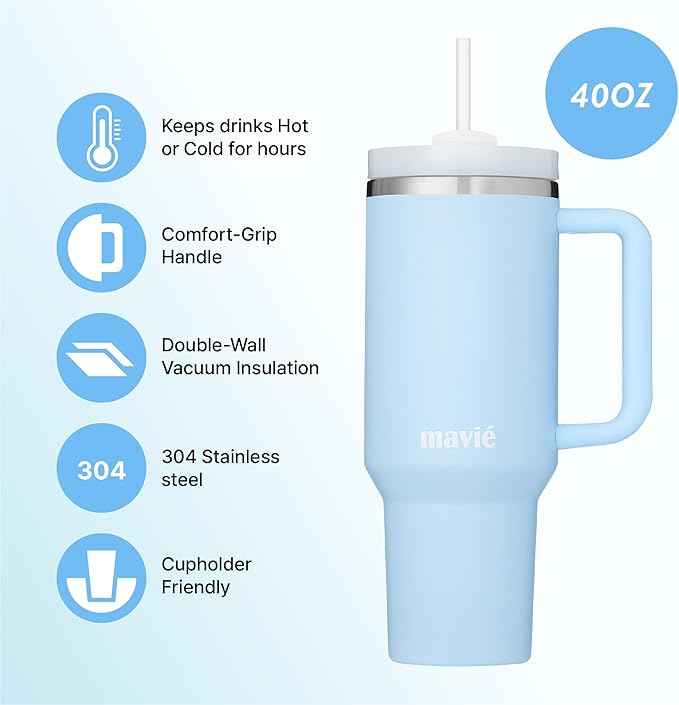 40oz Tumbler With Handle & Straw, Vacuum Insulated Stainless Steel Water Bottle With Leakproof Twist Sip Lid, Rubber Base, Dishwasher Safe, Cup Holder Friendly Travel Coffee Mug (Sky Blue)