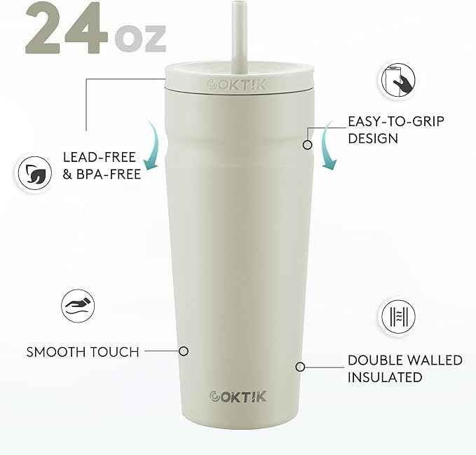 COKTIK 24oz Insulated Tumbler with Lid and Straw Iced Coffee Cup Reusable Stainless Steel Travel Mug Water Bottle Cupholder Friendly for Women Men Her Him (Almond Birch)